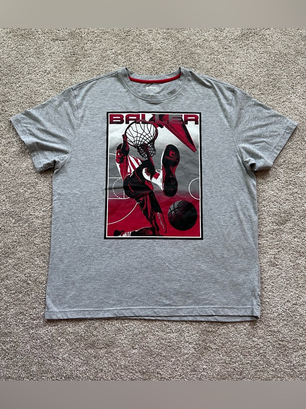 AND1 Mens XL Gray Graphic T-Shirt Basketball Baller Dunk Short Sleeve Cotton
